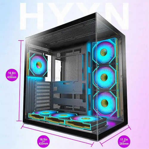 Vista 5 de H1 HYXN - Funda para PC, 7 ventiladores Infinity Mirror PWM ARGB preinstalados, carcasa de computadora ATX Mid Tower, funda de PC