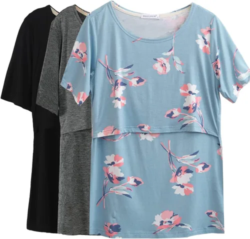 Vista 23 de Smallshow - Camisetas de lactancia para maternidad, manga corta, para mujer Verde militar-negro-gris oscuro (paquete de 3)
