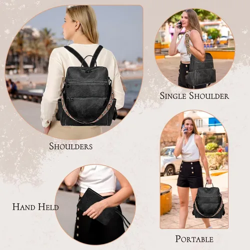 Vista 5 de Mochila para mujer, mochila impermeable de piel sintética, ligera, a la moda, multiusos, convertible, mochila de viaje, bolso de hombro, color negro