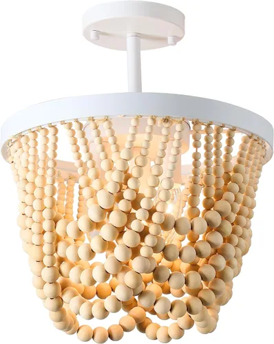 Vista 7 de Candelabro blanco pequeño con cuentas de madera, lámpara de techo semiempotrada, 3 lámparas bohemias para dormitorio, cuarto de bebé, sala de estar