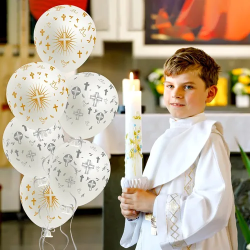 Vista 6 de WATINC 36 globos de cruz que Dios bendige, decoración de fiesta de bautismo, suministros de confirmación, decoración de primera comunión, globo
