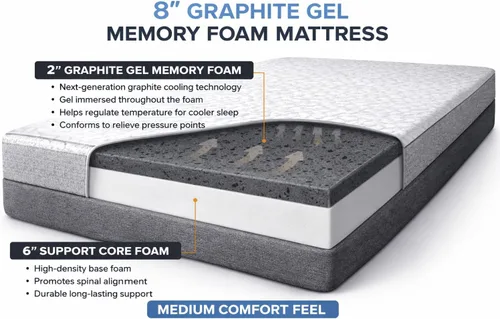 Vista 2 de Colchón de espuma viscoelástica de gel de grafito de 8 pulgadas con 2 pulgadas - Colchón refrescante de comodidad media con espuma viscoelástica