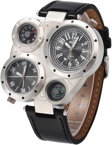 Vista 2 de OULM Hombres Militar Oversize Multi Zonas Horarias 2 Diales Cuero Analógico Deportes Reloj de Pulsera HP9415