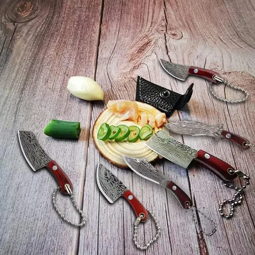 Vista 5 de HAOXU Juego de cuchillos de chef mini de Damasco con vaina, pequeños cuchillos EDC, abridor de paquetes, cortador de cajas, llavero, afilador