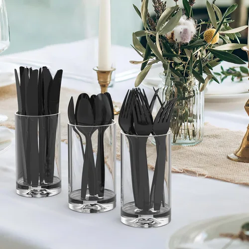 Vista 7 de Dealusy 360 cuchillos de plástico negro extra resistentes, desechables, sin BPA, resistentes al calor, cuchillos desechables sólidos y duraderos a