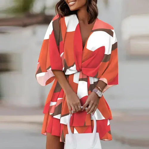 Vista 2 de Vestido de verano para mujer talla grande con cuello en V manga murciélago cintura elástica estampado