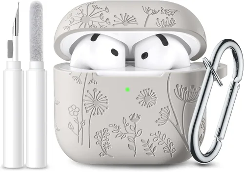 Vista 16 de Lerobo Funda para AirPods 5/4, funda de silicona suave grabada con flores A-Negro