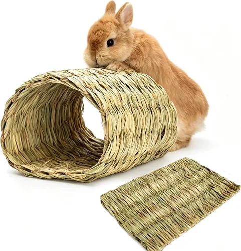 Vista 8 de Hamiledyi Túnel de hierba de conejo, cama de hierba de conejo, tapete tejido de paja natural para invierno, cabaña escondida cálida para conejo