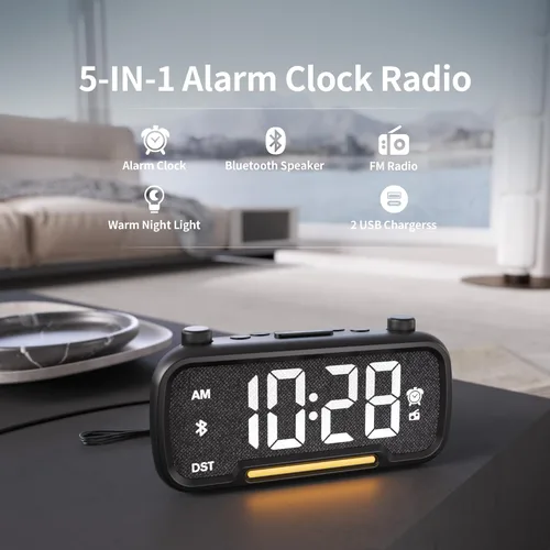 Vista 2 de OnLyee Radio despertador 5 en 1 – Radio FM, sonido de altavoz de alta fidelidad, altavoz Bluetooth, temporizador de apagado automático, luz