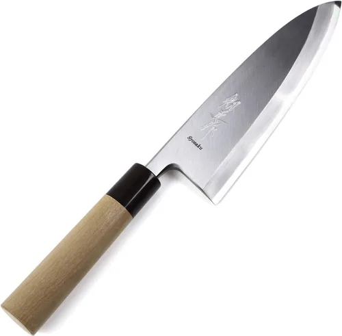 Vista 9 de Cuchillo de chef japonés para sushi Shiroko (acero blanco), mango de madera de magnolia en forma de D, Deba 6.5 pulgadas (6.496 in)