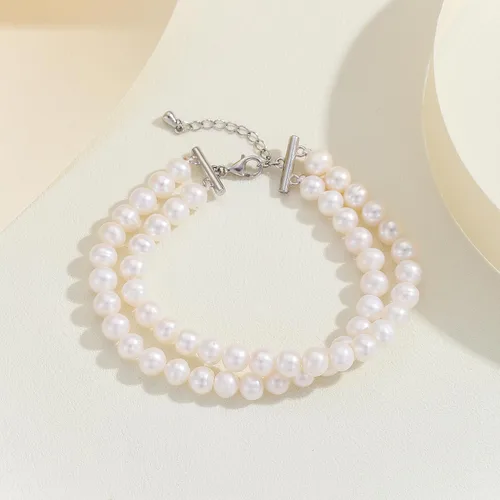 Vista 2 de AAA+ - Pulsera de perlas de agua dulce naturales de calidad para mujer, perlas blancas redondas de 0.25 a 0.27 pulgadas con hebilla de langosta
