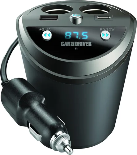 Vista 4 de Car and Driver Transmisor FM inteligente con soporte para vasos Bluetooth, compatible con Alexa, Siri y Google Assistant para automóvil, puertos
