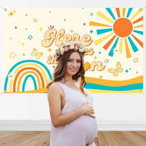 Vista 2 de Mocsicka Banner bohemio para baby shower con texto en inglés «Here Comes The Sun», decoración de fiesta de baby shower, para fotografía, decoración