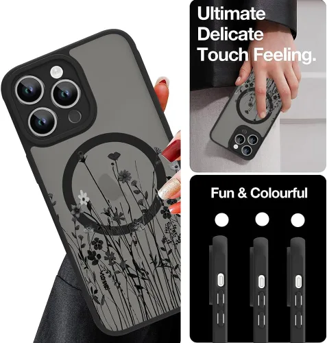 Vista 6 de OOK Funda magnética para iPhone 13 Pro Max [compatible con MagSafe] Funda delgada translúcida mate con flor silvestre negra, protección para lente