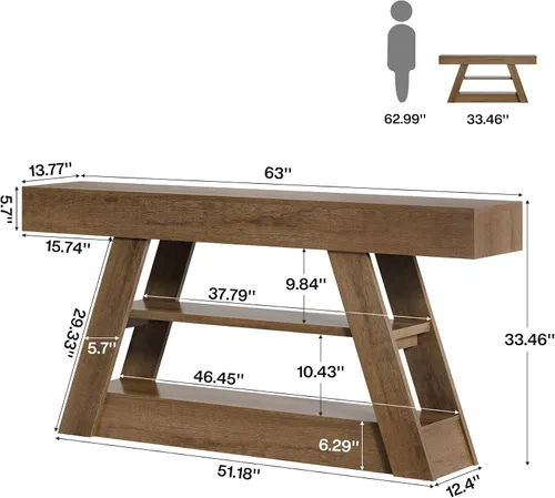 Vista 2 de Tribesigns Mesa consola de madera de 63 pulgadas con estantes de almacenamiento, mesa de sofá de entrada larga rústica detrás del sofá para sala