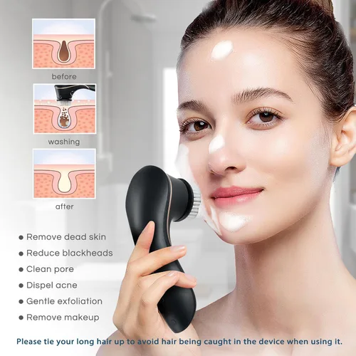 Vista 5 de Cepillo de limpieza facial, limpiador facial eléctrico recargable, IPX-7, limpiador giratorio impermeable para exfoliación, masaje y limpieza
