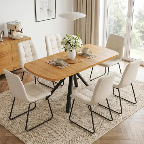 Vista 15 de HIPIHOM Mesa de comedor extensible para 4-6 personas, mesa rectangular de madera MDF de 47.2 a 63 pulgadas, estilo rústico de granja, diseño que