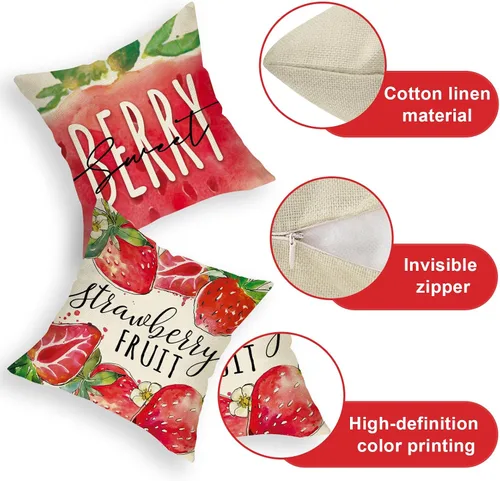 Vista 4 de Juego de 4 fundas de almohada decorativas de primavera y verano de fresa de 16 x 16 pulgadas, decoración de fundas de cojín de fruta roja dulce