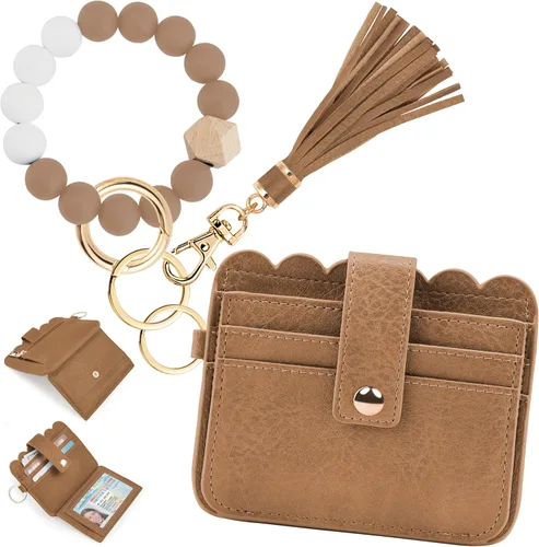 Vista 18 de Cartera de pulsera para mujer con llavero – Tarjetero RFID pequeña cartera con llavero Beige