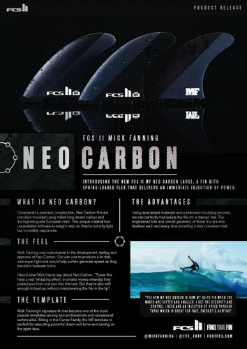 Vista 7 de FCS II Mick Fanning Neo Carbon - Tres aletas grandes de carbono, color negro y carbón, diseñadas para potencia, velocidad y respuesta rápida, ideal
