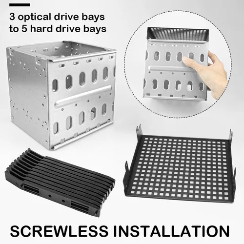 Vista 3 de Jaula de disco duro de acero inoxidable, bandeja de disco duro con espacio de ventilador, soporte de estante adaptador para computadora de 5.25