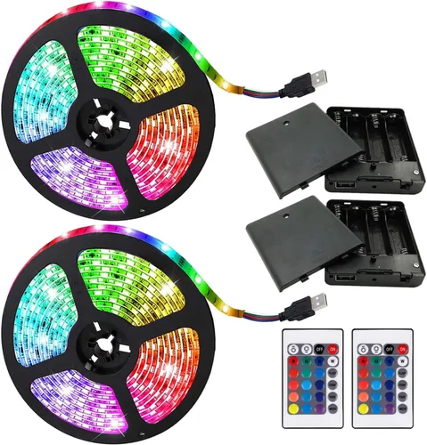 Vista 7 de Tira de luces LED alimentadas por batería, 5050 2M/6.6 pies, tira de luz LED RGB flexible que cambia de color, 60 LED de 5 V alimentada por batería