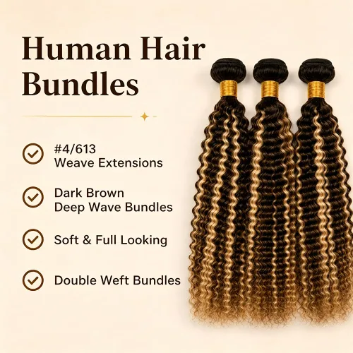 Vista 3 de P4613 Cabello humano rizado onda profunda marrón y paquetes mixtos 8 10 12 P4613 Ombre Marrón-Rubio-DP