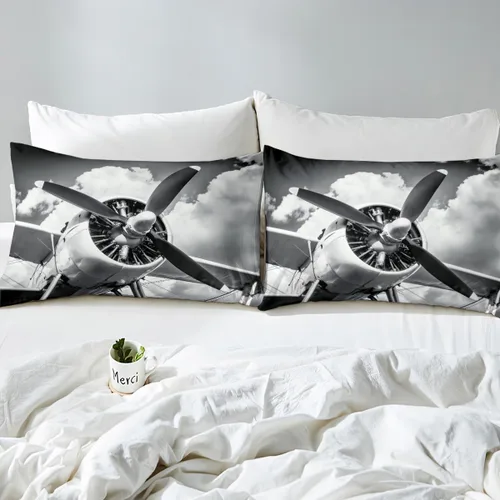 Vista 5 de Erosebridal Juego de ropa de cama con diseño de avión tamaño individual para niños y niñas, funda de edredón aeroespacial de aviación, gris y gris