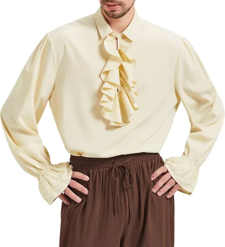 Vista 5 de American Trends Camisa pirata medieval renacentista para hombre, disfraz victoriano con volantes, steampunk, vampiro, gótico, tops de Halloween