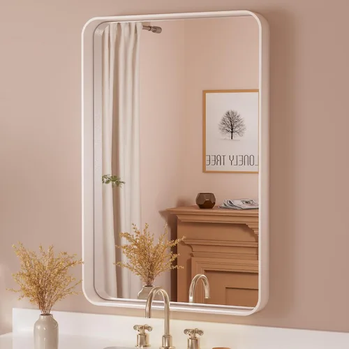 Vista 13 de Espejo de marco dorado cepillado de 16 x 24 pulgadas, espejo de tocador de baño de latón dorado para pared, espejo enmarcado rectangular de esquina