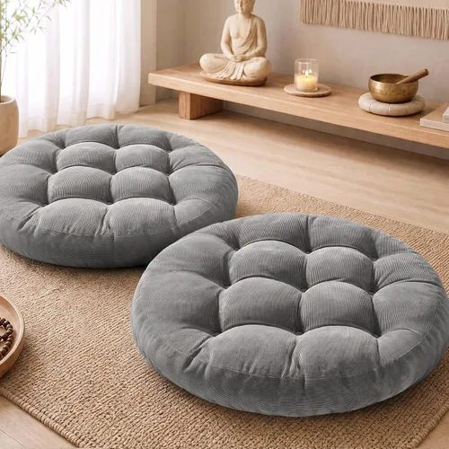 Vista 18 de Degrees of Comfort - Cojines redondos y grandes de pana y capitoné para el suelo, meditación y sala tatami, para adultos, gris, 22 pulgadas Redondo