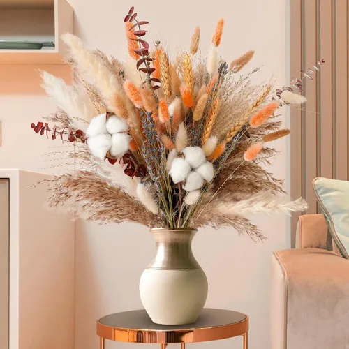 Vista 2 de Ramo de flores secas de otoño, decoración de otoño bohemia con hierba de pampas, algodón y colas de conejo naranja, arreglo floral de otoño