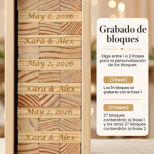 Vista 3 de WE Games Alternativa de libro de invitados de boda personalizado, caja de recuerdos de madera, 54 bloques, grabado personalizado 2 líneas de texto