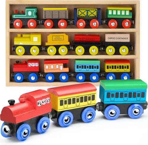Vista 7 de Juego de Tren de Madera de 12 Piezas - Juego Magnético de Juguetes de Tren Incluye 3 Motores - Juegos de Tren de Juguete para Niños Pequeños y Niñas