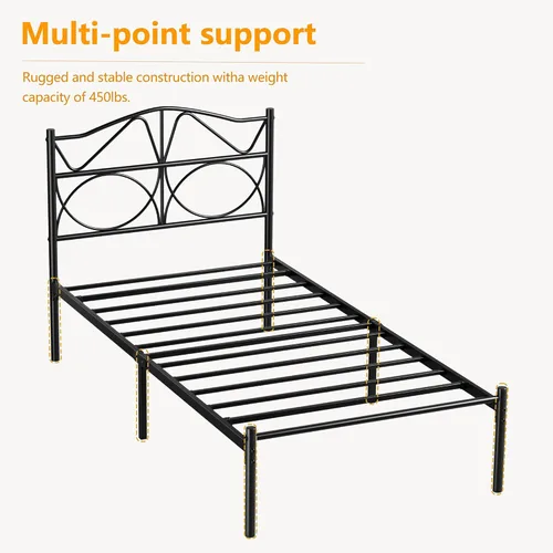 Vista 10 de VECELO Base de cama de plataforma de metal tamaño individual con cabecera y estribo, base de colchón de soporte de listones resistentes, no necesita