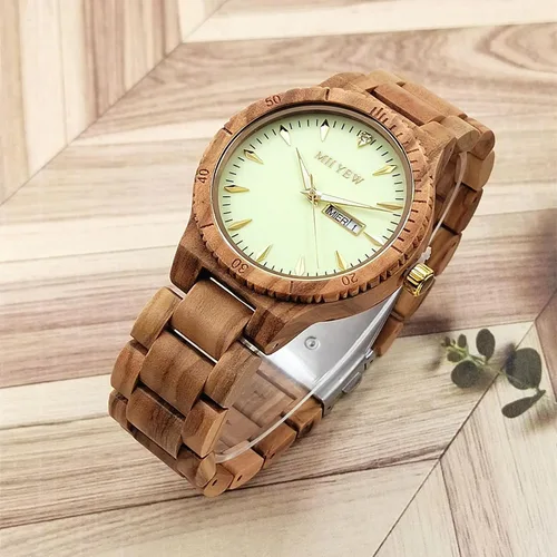 Vista 4 de MII YEW Reloj de madera para hombre, ligero, analógico, de cuarzo, hecho a mano, esfera verde con fecha