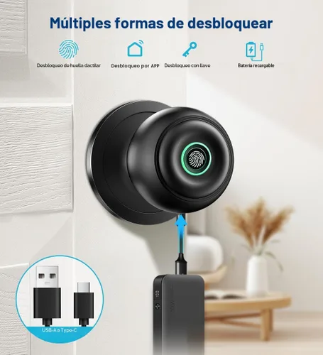 Vista 2 de Cerradura de puerta por huella dactilar, perilla de puerta inteligente con cerradura, perilla de puerta biométrica con aplicación y llave, cerradura
