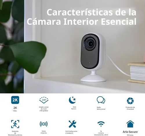 Vista 2 de Cámara de seguridad Arlo Essential 2K Solo para interiores 2ª generación Monitor para bebés y cámara para mascotas Escudo de privacidad