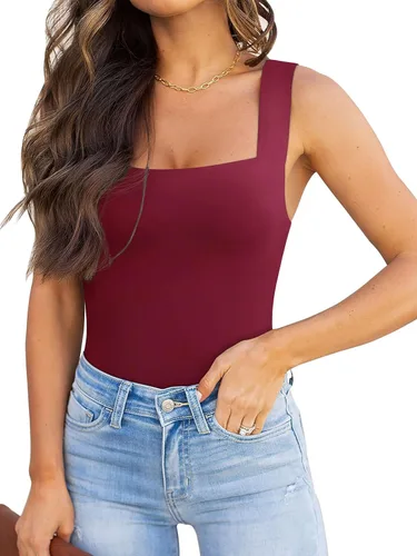 Vista 16 de Reoria - Camiseta sin mangas sexy tipo body con escote cuadrado para mujer, ropa para discoteca