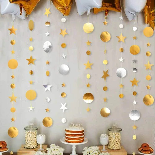 Vista 5 de Decor365 Guirnalda de estrellas plateadas y doradas, decoración de cumpleaños, baby shower, graduación, fiesta, Navidad, Año Nuevo, bandera, luna