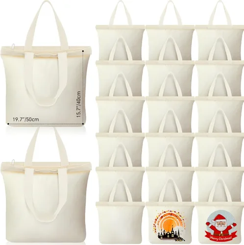 Vista 14 de Silkfly 20 Bolsas de Lona a Granel de 16.5x13.4'' Bolsas de Lona de Algodón en Blanco con Asas y Cremallera Reutilizables Lisas para Comestibles