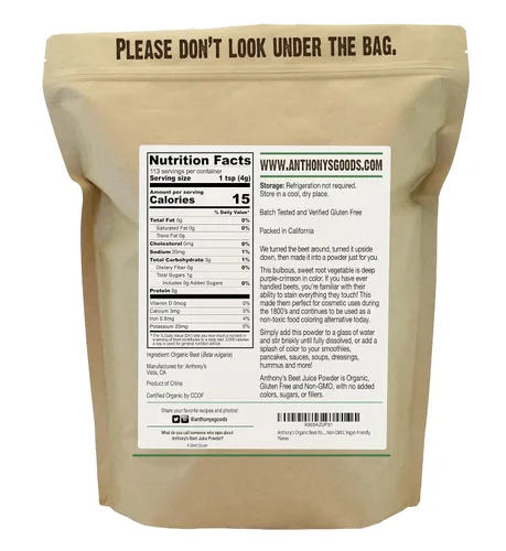 Vista 2 de Anthony's Polvo de Jugo de Raíz de Remolacha Orgánico, 1 lb, Sin Gluten, Sin OGM, Apto para Veganos
