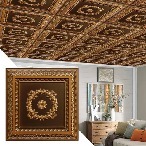 Vista 9 de Dundee Deco Pegamento de latón antiguo tradicional rústico para colocar o colocar, panel de techo decorativo 3D de PVC, 2 pies x 2 pies
