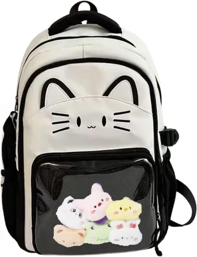 Vista 11 de Bolsa Kawaii Cat Ita, bolso con pines, bolsa con inserto, para uso diario y cosplay, nailon, Negro-blanco, Pequeño, Kawaii