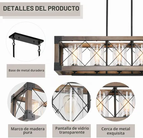 Vista 5 de Iluminación rústica de isla de cocina de granja, lámpara de 5 luces para comedor sobre mesa, lámpara de araña de madera rústica rectangular, lámpara