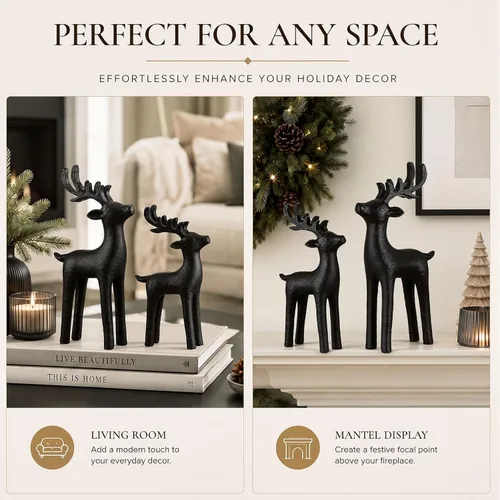 Vista 4 de 2 piezas de decoración moderna de Navidad, decoración neutral de Navidad de renos, estatuas de ciervos de resina, figuras de renos, estatuas