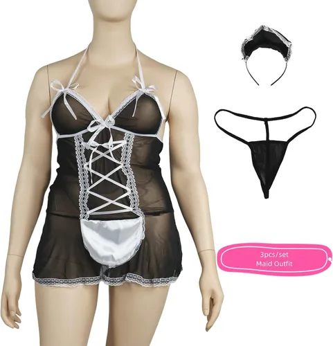 Vista 6 de Allmloers Disfraz de sirvienta para mujer disfraz de sirvienta sexy vestido de sirvienta falda conjunto de lencería para adultos juego de roles
