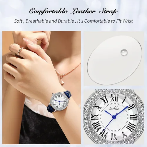 Vista 3 de RORIOS Reloj analógico de cuarzo para mujer con correa de cuero, esfera de cielo estrellado, reloj de pulsera impermeable con diamantes para mujer