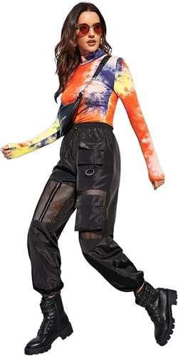 Vista 6 de Floerns Pantalones cargo deportivos de cintura alta con cordón en contraste de malla para mujer