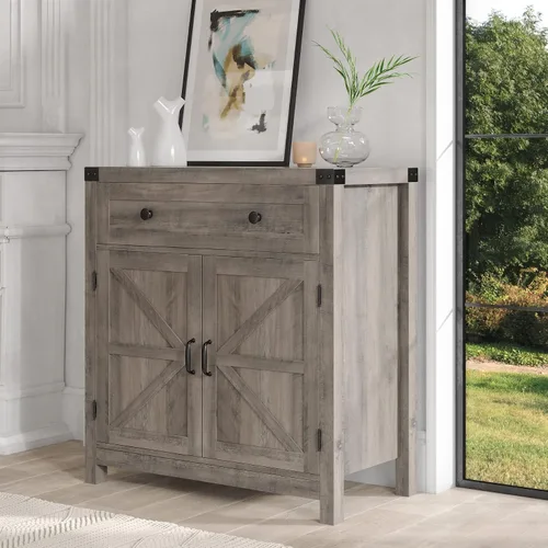 Vista 2 de HOSTACK Armario de almacenamiento de cocina, gabinete de barra de café de granja, gris ceniza Small Buffet Cabinet with Doors & Wide Drawer, Wood